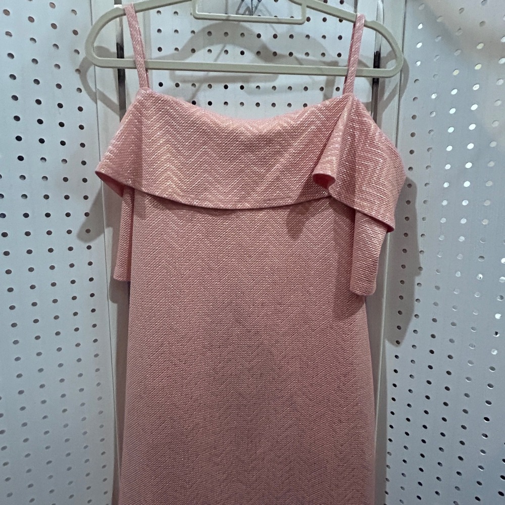 Audrey Ann Pink Textured Cold Shoulder Ruffle Dress Metallic Patterned - Picture 7 of 9